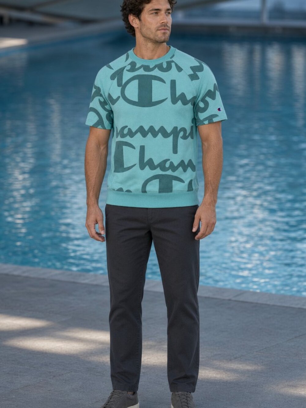 Champion Men Turquoise Short-Sleeve Reverse Weave Crew Teal C Script AOP US XS